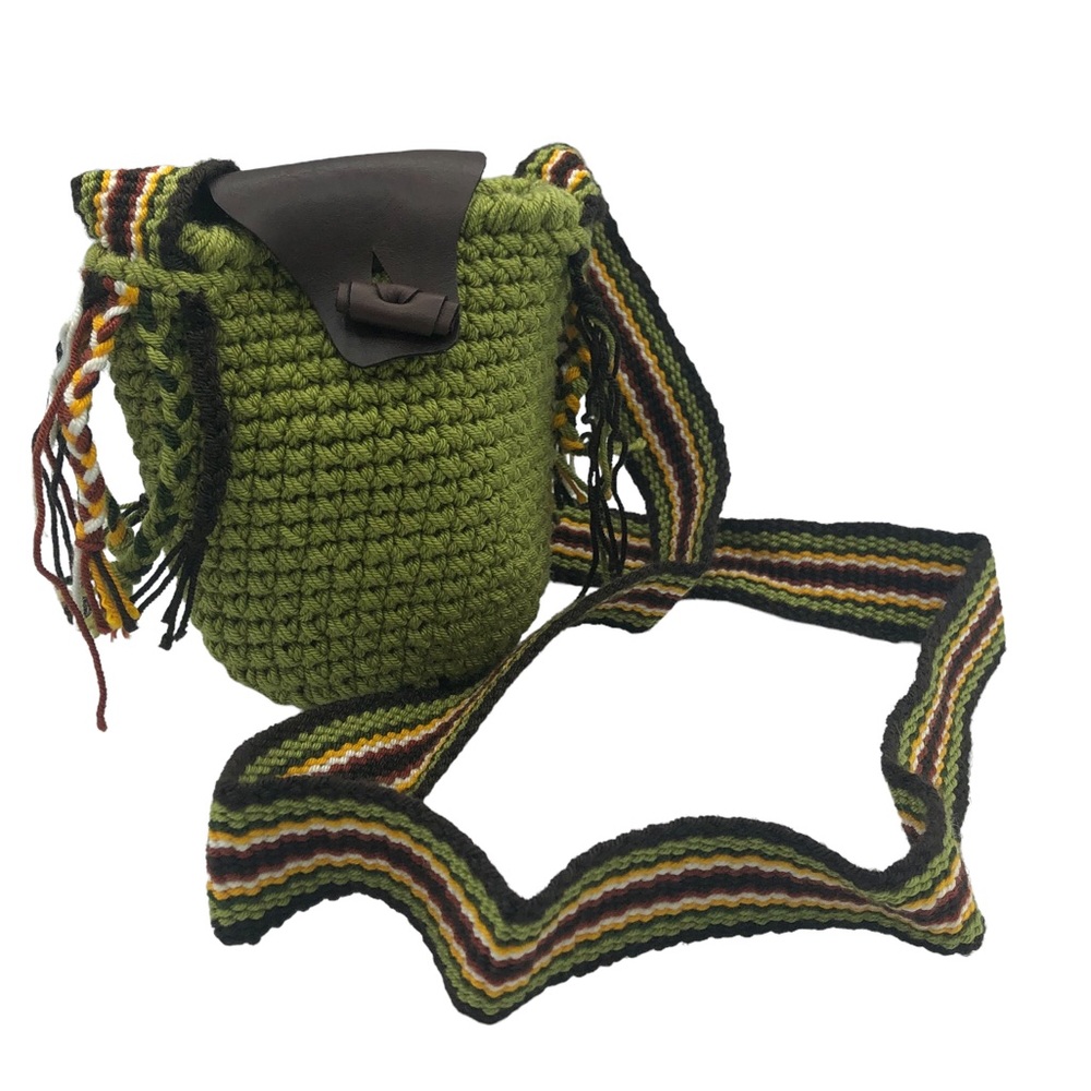 Green Crochet Mini Bag Crossbody Cottagecore Boho Faux Leather Fringe Tassel